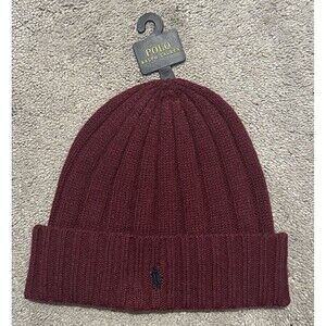 Polo Ralph Lauren Ribbed Cuff Beanie One Size Maroon Wool Blend Pony Logo Preppy